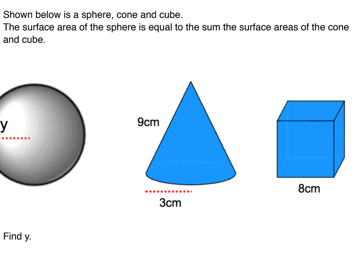 Shown below is a sphere, cone and cube. The surface area of the sphere ...