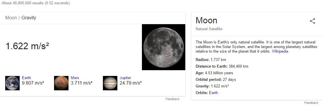 Google.ca search for the gravitational constant on the moon.