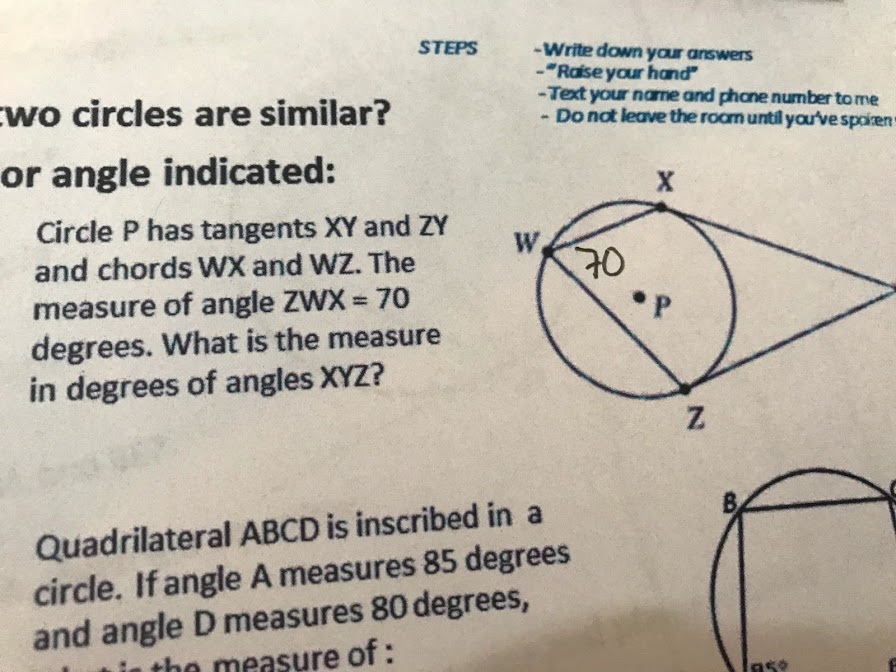 Circle P Has Tangents Xy And Zy And Chords Wx And Wz The Measure Of Angle Zwx 70 Degrees What Is The Measure In Degrees Of Angles Xyz Socratic