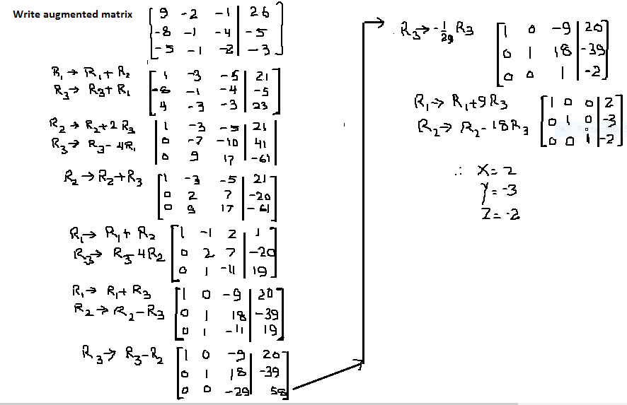 sælge sokker skrot How do you solve using gaussian elimination or gauss-jordan elimination,  9x-2y-z=26, -8x-y-4z=-5, -5x-y-2z=-3? | Socratic