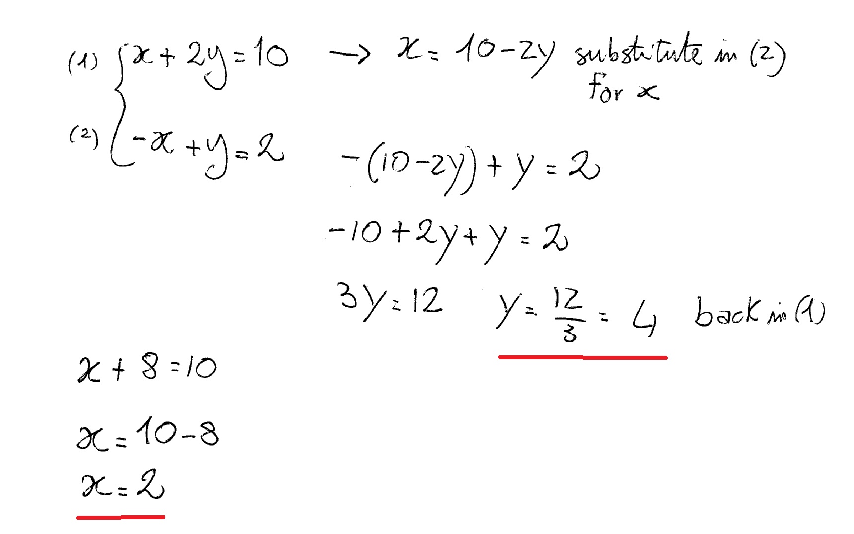 How Do You Solve The System X 2y 10 And X Y 2 By Substitution