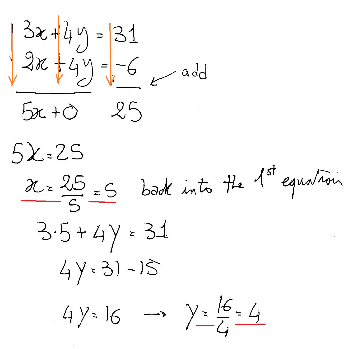 how-do-you-solve-the-system-of-equations-3x-4y-31-and-2x-4y-6-by