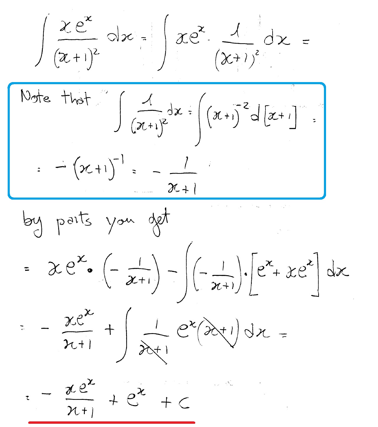 How do you integrate by parts (xe^x)/((x+1)^2)? | Socratic
