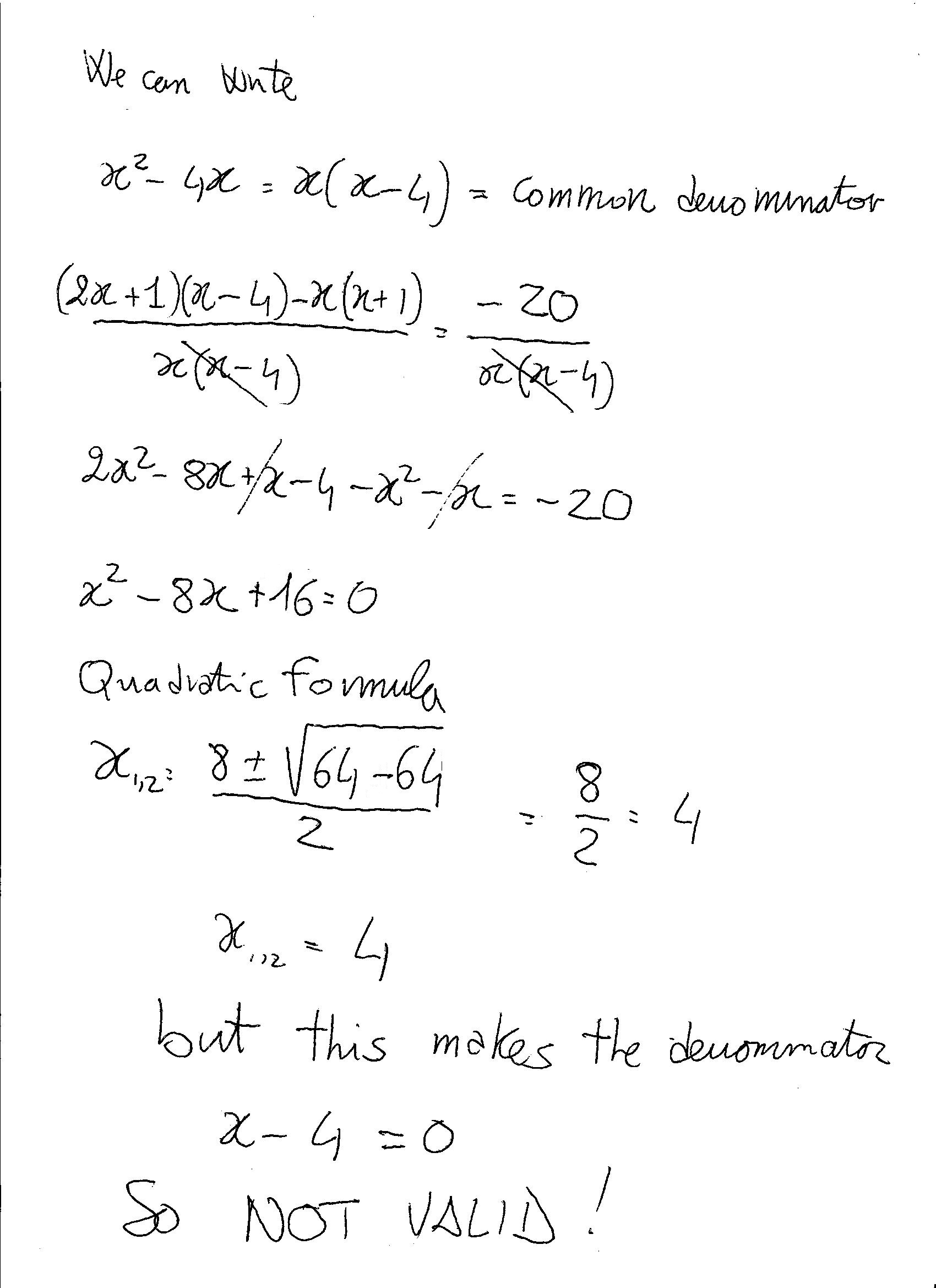 How do you solve (2x+1)/x(x+1)/(x4)=20/(x^24x)? Socratic
