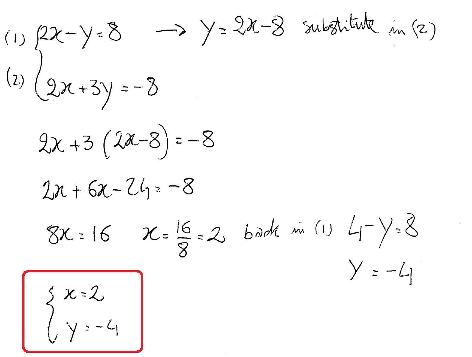 How Do You Solve The System 2x Y 8 And 2x 3y 8 By Substitution