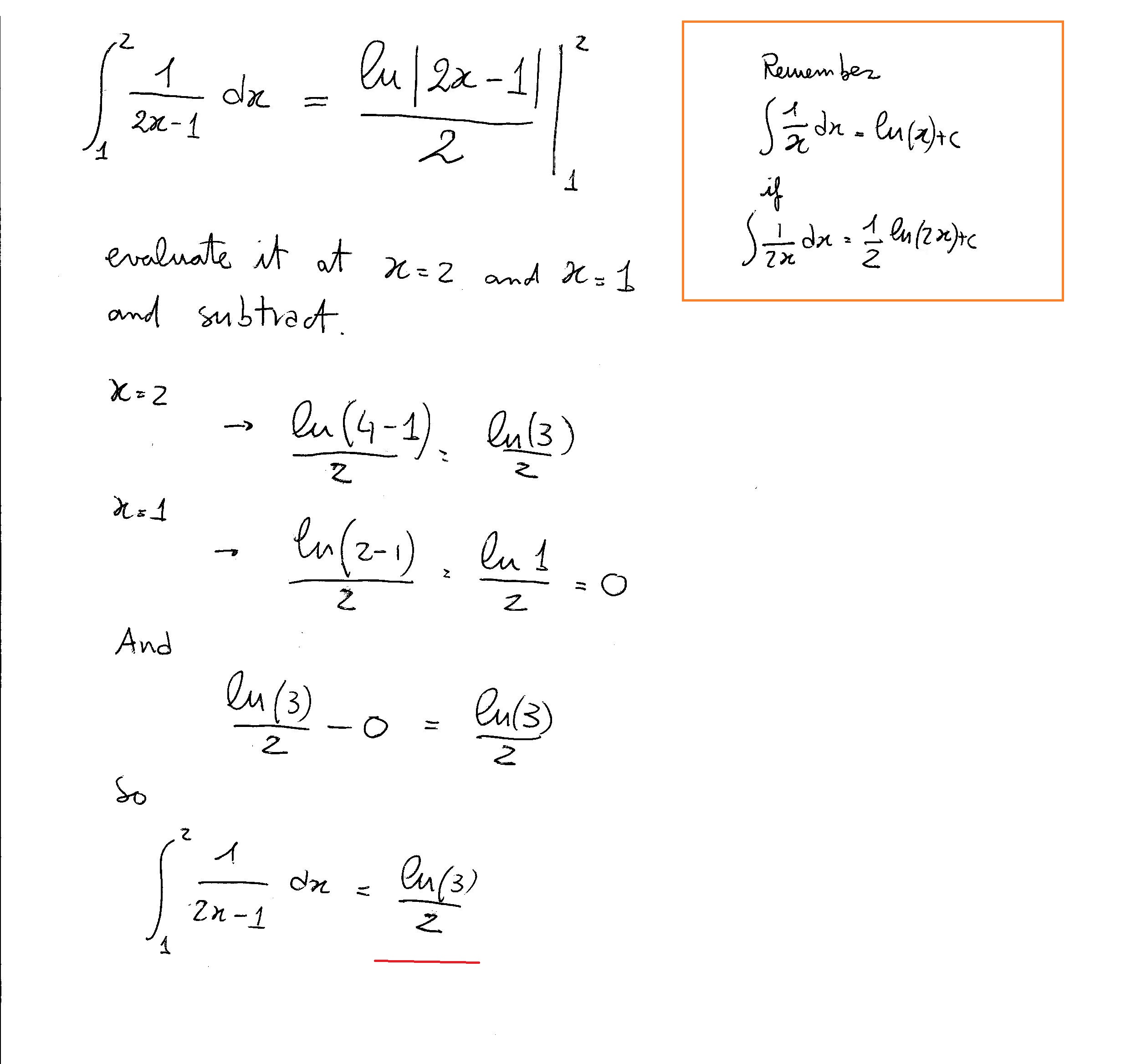How do you evaluate the integral int 1/(2x1) from 1 to 2