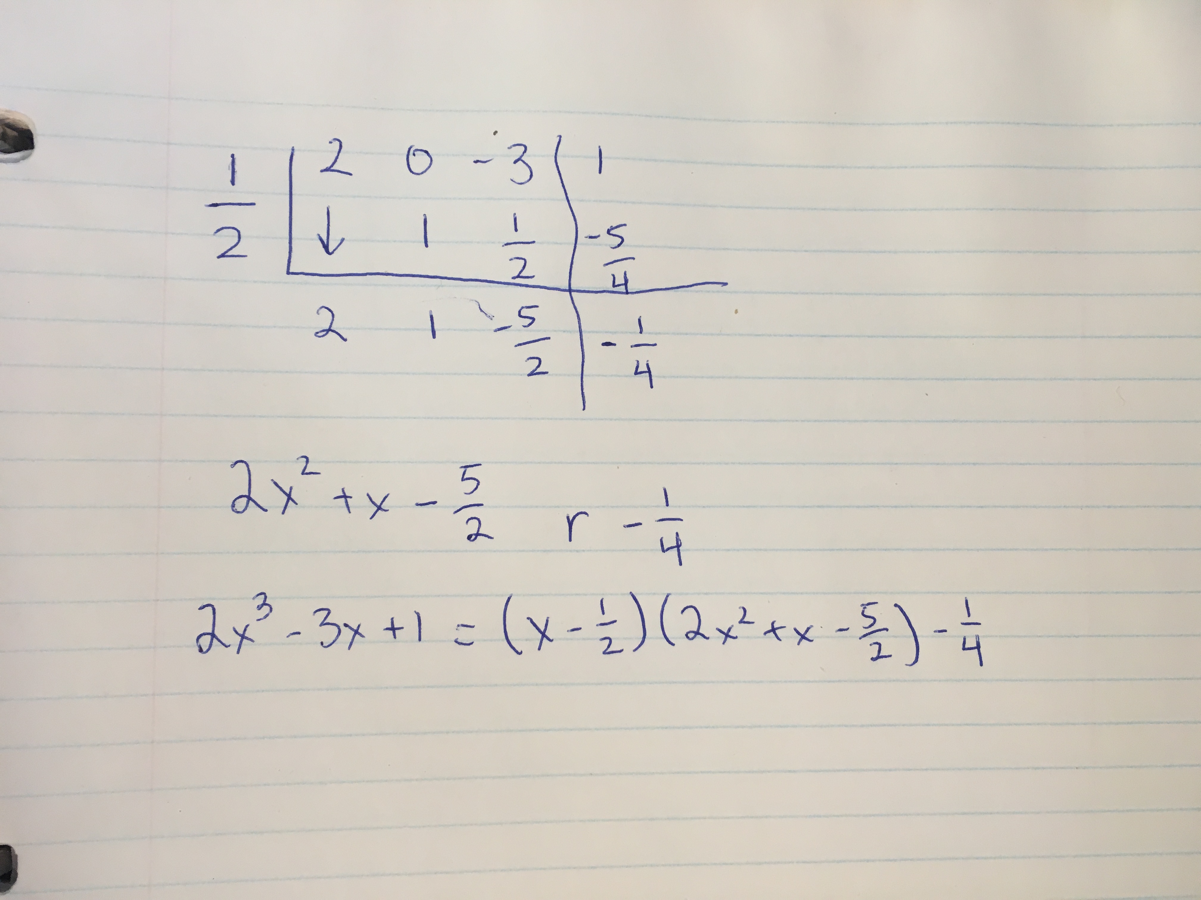 How do you use polynomial synthetic division to divide (2x^3-3x+1)div(x-1/2) and write the
