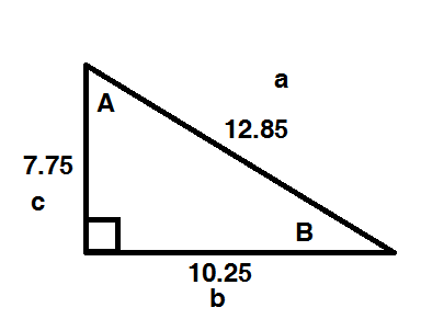 A triangle has one 90 degrees angle and from there one leg is 10.25 long  and the other leg is 7.75 long, what are the degrees for the other two  angles?